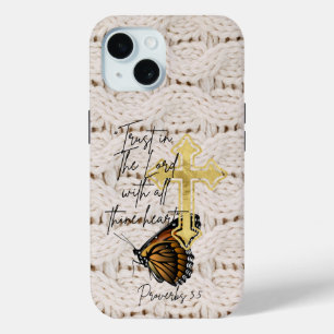 Coque Pour iPhone 15 Tricot chrétien élégant Croix papillon marron