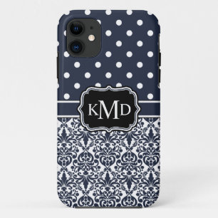 Coques Pour iPhone Trio Monogramme Navy Damask