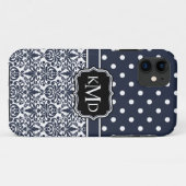 Coques Case-Mate iPhone Trio Monogramme Navy Damask (Dos (Horizontal))