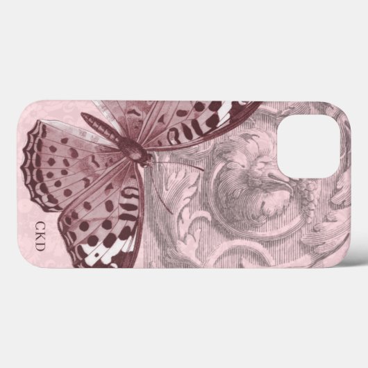 Coques Case-Mate iPhone Triple Monogramme Rose Baroque Papillon Art (Verso (horizontal))