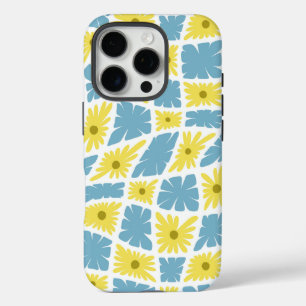 Coques iPhone 16 Pro Trippy super Wavy 60s Flower Checks Jaune Bleu