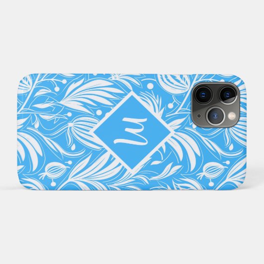 Coques Case-Mate iPhone Tropical Blue Floral Pattern Diamond Monogramme (Dos (Horizontal))