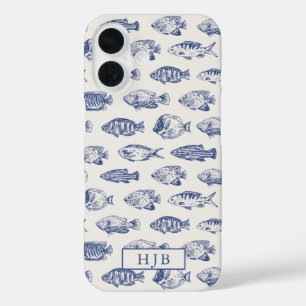 Coques iPhone 16 Tropical Fish Blue Sketch Monogramme iPhone 16 Coq