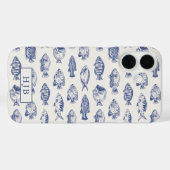 Coques Case-Mate iPhone Tropical Fish Blue Sketch Monogramme iPhone 16 Coq (Verso (horizontal))