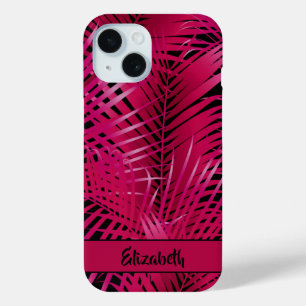 Coque Pour iPhone 15 Tropical Hot Pink Palm Fronds Nom personnalisé