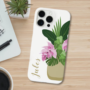 Coques iPhone 16 Pro Max Tropical Medinilla rose Fleur Jaune Vase Blanc