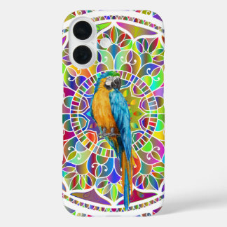 Coques iPhone 16 Tropical Mosaic – Blue & Gold Macaw Mandala