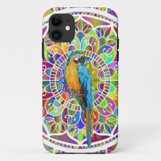 Coques Case-Mate iPhone Tropical Mosaic – Blue & Gold Macaw Mandala (Dos)