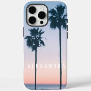 Coques iPhone 16 Pro Max Tropical Pink Blue Palm Tree Coucher de soleil per