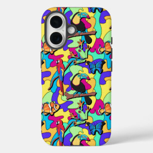 Coques iPhone 16 Tropical Retro Toucan Macaw Tree Frog Poisson clow