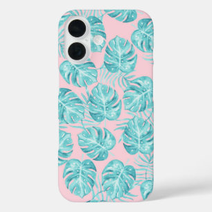 Coques iPhone 16 Tropical rose turquoise aquarelle monster laisser 