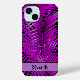 Coque Pour iPhone 15 Tropical Violet Fronds Palm sur Noir Personnalisé