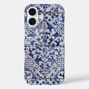 Coques iPhone 16 Tuiles portugaises - Azulejo Floral bleu et blanc