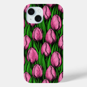 Coque Pour iPhone 15 Tulières roses avec feuilles verts