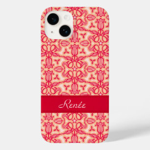 Coque Pour iPhone 14 Tulip damask motif rouge orange nom