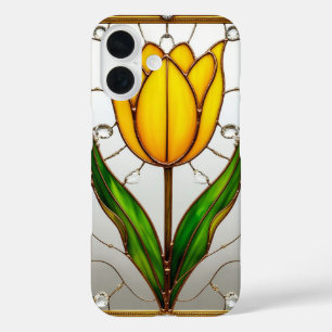 Coques iPhone 16 Tulipe élégante en verre coloré avec cadre doré