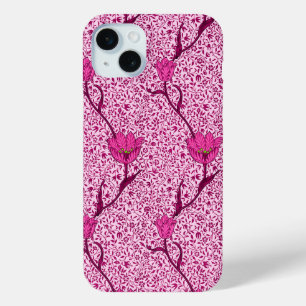 Coque iPhone 15 Mini Tulipe en damas Art Nouveau, vin et fuchsia rose