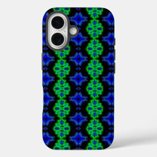 Coques iPhone 16 Tulipes Artdeco dans le style rétro vert bleu noir