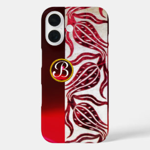 Coques iPhone 16 TULIPES EN VELVET DAMASSÉ ROUGE MONOGRAMME Bourgog