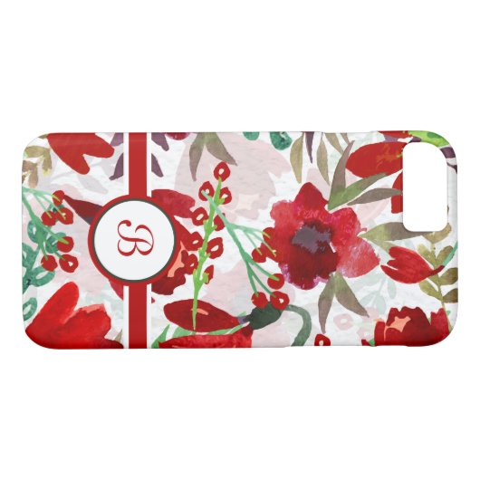 Coques Case-Mate iPhone Tulipes rouges d'aquarelle, monogramme (Dos (Horizontal))