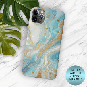 Coque iPhone 15 Pro Max Turquoise Aqua Bleu Turquoise Or Motif Art en Marb