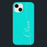 Coque Pour iPhone 14 Turquoise Blanc Élégant Calligraphie Nom du script<br><div class="desc">Turquoise Elegant White Calligraphy Script Personnalisé Nom iPhone 14 Smart Phone Boîtes dispose d'un design moderne et tendance simple et élégant avec votre nom personnalisé dans élégante calligraphie manuscrite typographie sur un arrière - plan turquoise. Conçu par ©Evco Studio www.zazzle.com/store/evcostudio</div>