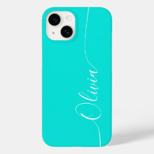 Coque Pour iPhone 14 Turquoise Blanc Élégant Calligraphie Nom du script