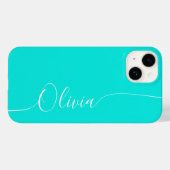 Coques Case-Mate iPhone Turquoise Blanc Élégant Calligraphie Nom du script (Verso (horizontal))