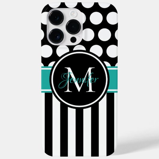 Coques Case-Mate iPhone Turquoise Blanc Rayure Pois Monogramme Noir (Verso)