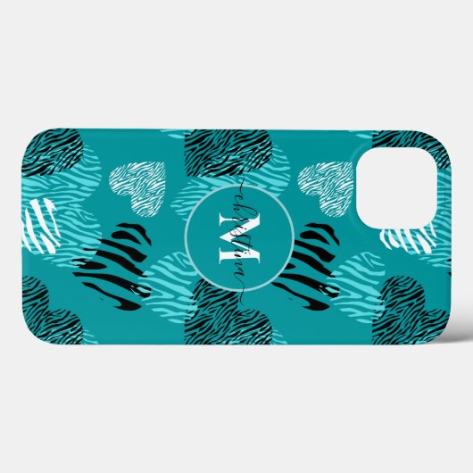 Coques Case-Mate iPhone Turquoise Blanc Zèbre Imprimer Coeurs Monogramme c (Verso (horizontal))