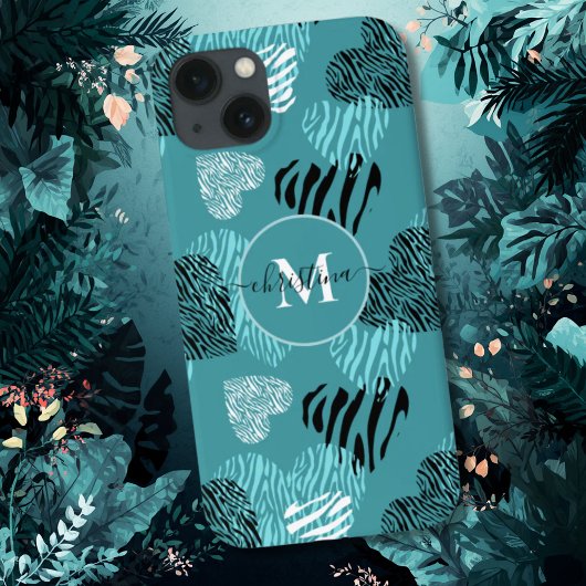 Coques Case-Mate iPhone Turquoise Blanc Zèbre Imprimer Coeurs Monogramme c