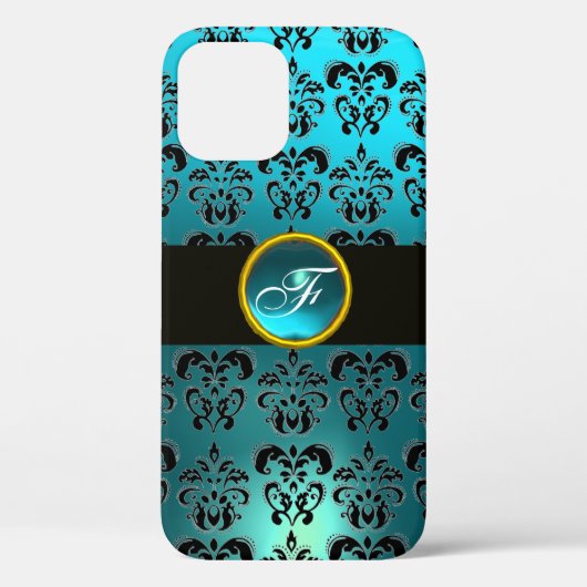 COQUES Case-Mate iPhone TURQUOISE BLEU BLACK DAMASK GEM STONE MONOGRAM (Verso)