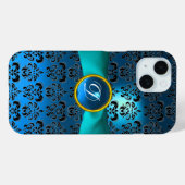 COQUES Case-Mate iPhone TURQUOISE BLEU BLACK DAMASK MONOGRAM DE PIERRE (Verso (horizontal))