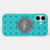 Coques Case-Mate iPhone Turquoise bleu Quatrefoil Motif gris Monogramme (Verso (horizontal))