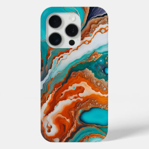 Coque iPhone 15 Pro Turquoise bleu, rouille et or peinture abstraite