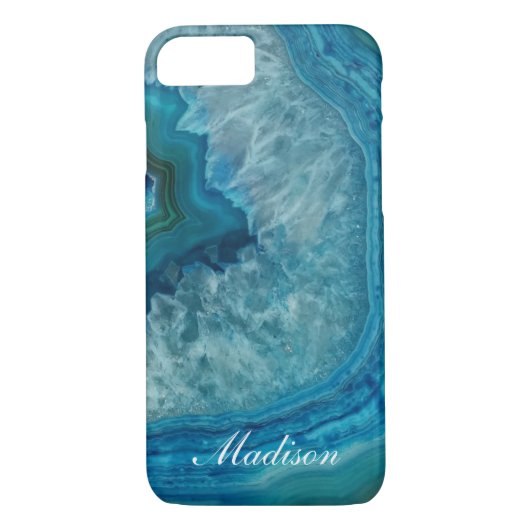 Coques Case-Mate iPhone Turquoise Blue Agate Geode Nom du monogramme (Dos)