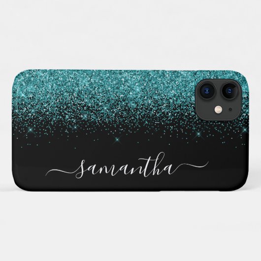 Coques Case-Mate iPhone Turquoise Blue Parties scintillant Ombre Nom perso (Dos (Horizontal))