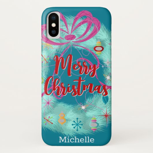 Coques Case-Mate iPhone Turquoise couronne de Noël rétro (Dos)