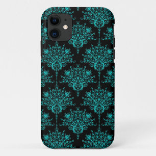 Coques Pour iPhone Turquoise et noir élégant motif damassé