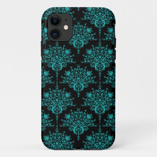 Coques Case-Mate iPhone Turquoise et noir élégant motif damassé (Dos)