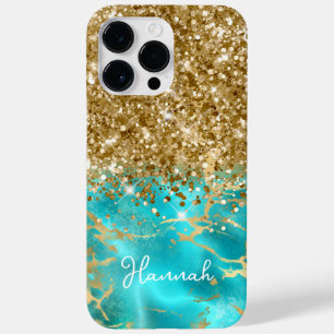 Coque Pour Pour iPhone 14 Pro Max Turquoise et Or Pailleté Glam Personnalisé