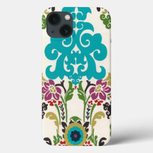 Coques Pour iPhone Turquoise florale de prune de motifs de damassé