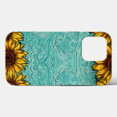 Coques Case-Mate iPhone Turquoise Leather Tooled Bright Sunny Sunflowers (Verso (horizontal))