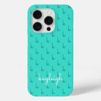 Coque iPhone 15 Pro Turquoise Moderne Monogramme Nom Couleur Unie | Sa