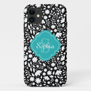Etui iPhone Case-Mate Turquoise Monogramme Quatrefoil Black Floral