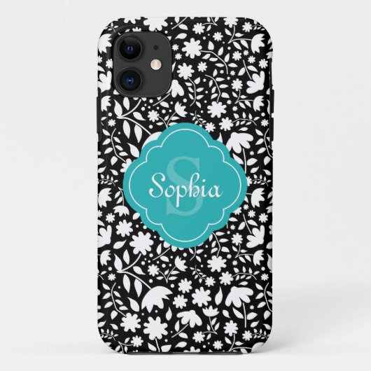 Coques Case-Mate iPhone Turquoise Monogramme Quatrefoil Black Floral (Dos)