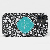Coques Case-Mate iPhone Turquoise Monogramme Quatrefoil Black Floral (Dos (Horizontal))
