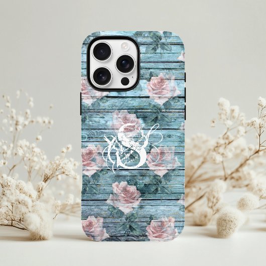 Coques Case-Mate iPhone Turquoise Rose Pâle Floral Monogramme Chic Décontr