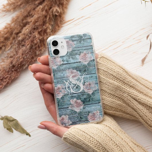 Coques Case-Mate iPhone Turquoise Rose Pâle Floral Monogramme Chic Décontr