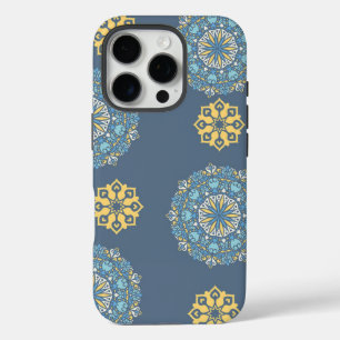 Coques iPhone 16 Pro Turquoise Turquoise bleu et jaune Mandala Art Moti